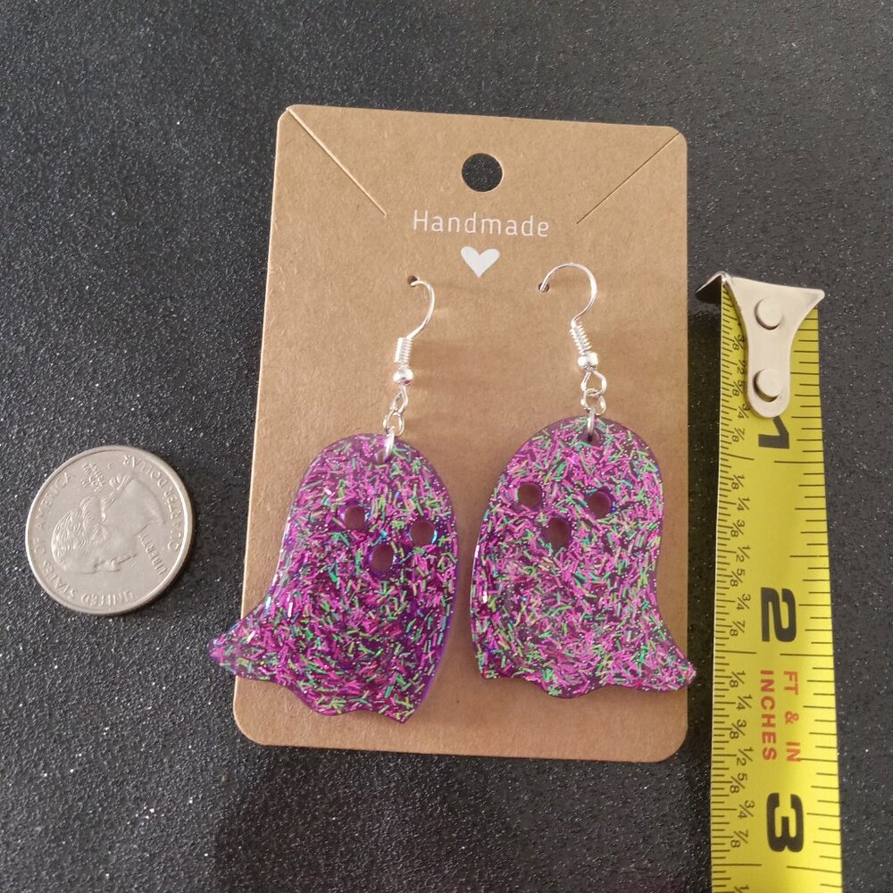 Cute purple ghost Halloween dangle earrings with iridescent glitter silver hooks - Picture 2 of 5